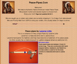 peace-pipes.com: Native American Peace Pipe Authentic Indian Rawhide Buckskin
Wrapped Pipes
Peace-Pipes.com offers a great selection of Native American authentic peace pipes. These Indian peace pipes are rawhide or buckskin wrapped pipes, and make by different artists.