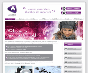 audpro-onhold.com: Music On Hold, Telephone On Hold Messages, On Hold Telephone Music
Allow AudPro to create entertaining and captivating Music On Hold (MOH) for your business to keep your customers interested whilst waiting in your system. High quality royalty free music and professional voice-overs – Look here for more details