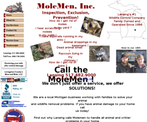 molemen.mobi: Professional Wildlife Control for the Lansing, MI Area - MoleMen, Inc.
Licensed, insured, local family business since 1994.  Experts at nuisance wildlife control - inspection, capture, removal, prevention, decontamination and property damage repair.  We handle all local wildlife, including Moles, Bats, Squirrels, Raccoons, Skunks, Groundhogs, Chipmunks, Beavers, Birds, Badgers, Coyotes, Fox, Mice, Rats, Muskrats, Opossum, Shrews, Snakes, Voles, Snapping Turtles