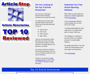 articlestop.com: Top 10 Article Directories
Here is an article directory list showing the best article directories in terms of approval times, article views and traffic.