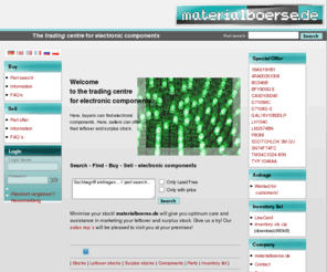 material-stock.com: materialboerse.de - 
The trading centre for electronic components: IC, Diodes, Transistors, Resistors, Capacitors, EEPROM, Memory
The trading centre for electronic component:surplus stock, closeouts, excess stock, electronic components such as transistors, integrated circuits, semiconductors, resistor, capacitors - obsolete electronics factory overrun surplus stock. 