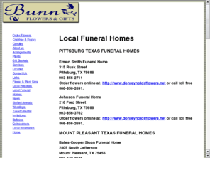 gilmertexasfuneralhomes.com: GILMER FUNERAL HOMES, GILMER TEXAS, BUNN FLOWERS & GIFTS, Toll Free:866-856-2691
The Area's Oldest & Most Experienced Florist serving Gilmer funeral homes since 1920 with over 10,000 square feet of retail space. Call: 866-856-2691.