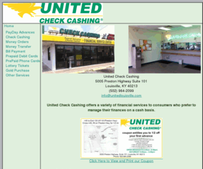 unitedcheckcashingoflouisville.com: United Discount Payday Advances
1/2 off your first advance, CHECK US OUT TODAY!!  United Check Cashing is Louisville Kentucky’s first choice for payday advances and check cashing.