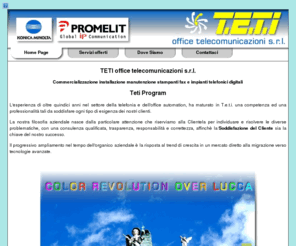 tetioffice.com: TETI - Commercializzazione installazione manutenzione stampanti fax e impianti telefonici digitali e analogici
TETI Office telecomunicazioni srl offre servizi per le aziende, di commercializzazione e vendita, installazione e manutenzione di stampanti, fax, impianti telefonici digitali e analogici