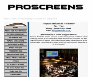 proscreens.co.uk: Projector And Screen Hire
Proscreens offer audio, visual and projector hire equipment to meet your every need. Projector hire from only £55 per day delivery and collection included.