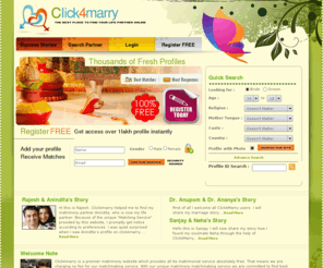 click4marry.com: Click4Marry Matrimony:Best Place to find your Life Partner|India Matrimony
Click4Marry:Your Ideal Matrimony Service provider for finding perfect Life Partner. Register Free to Browse from millions of Brides,Grooms gallery,NRI profiles for best Matrimonial Match and Successful Marriage. Most Reliable Matrimony Site in India.