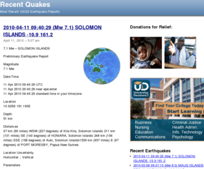 recentquakes.com: Recent Earthquakes around the planet
The most recent USGS earthquake reports.  See where they are and the warnings associated with them, Tsunami warnings, tremor reports.