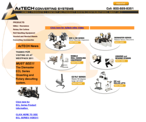 aztechconverting.com: Rotary Die Cutting Systems, Slitter Rewind Inspectors, Roll Material Handling Equipment and Unwind and Rewind Stands
Manufacturer of slitter rewinders, die cutters, unwinds, material handling, and die lifters for the label and converting industry.