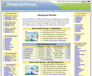 newsgroupreviewz.com: Newsgroup Reviews - Usenet Providers, Specials, Free Usenet Access
Compare over 100 newsgroup providers, newsreaders, and ISP's offering Usenet access.  Full page reviews, free news server trials and discounts.