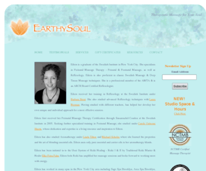 essentialscent.com: EarthySoul Burlington Vermont - Eileen Togher L.M.T. - Massage Burlington VT, Best Massage Burlington VT, Prenatal Massage Burlington VT, Reflexology Burlington VT, Massage Gift Certificate Pregnancy Massage, Swedish Massage, NCBMT Nationally Certified Massage Therapist, ARCB Board Certified Reflexologist, Doula, Reiki
Eileen Togher is a Licensed Massage Therapist who specializes in Prenatal and Postnatal Massage Therapy, Reflexology and Swedish Massage Therapy.