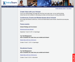 intrateam.info: Intranet conferences. Masterclass & tutorials with Gerry McGovern and Jakob Nielsen
We arrange conferences and MasterClasses about intranet and the Web