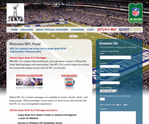 nflonlocationsuperbowlaccess.com: 2011 Super Bowl Official Ticket Packages
Official Super Bowl Host Committee Packages for 2011.  Hotel, tickets, in-stadium hospitality, parties, reservations & more for 2011 Super Bowl Ticket Packages.