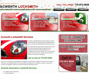 acworthlocksmith.net: Acworth Locksmith - Acworth, GA 770-872-0620
Locksmith Acworth Call us today at 770-872-0620. You can’t find any better locksmith deals in Acworth, GA than with Acworth Locksmith. We provide 24/7 emergency, residential, auto and commercial locksmith service. Acworth locksmiths, we understand your locksmith and security needs. Locksmith in Acworth guarantee high quality, fast and efficient work with all our services. 