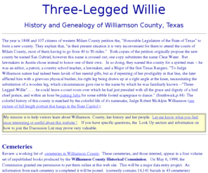 three-legged-willie.org: Three-Legged Willie: History and Genealogy of Williamson County, Texas
Genealogical