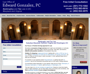 money-law.com: Washington DC Tax Lawyer - Virginia Business Bankruptcy Attorney - Maryland Bankruptcy Lawyer
Free Consultation - Focusing on complex financial problems in Maryland,Virginia, DC. Attorney with IRS background. MD, VA, DC tax and bankruptcy information and FAQs. Edward Gonzalez - Washington DC Tax Lawyer - Virginia Business Bankruptcy Attorney - Maryland Bankruptcy Lawyer