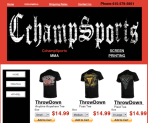 openmatgrappling.com: CchampSports MMA, Screen Printing
Custom MMA team shirts, MMA Gear,Fight gloves, custom mma gloves,custom MMA printing,walk out shirts,design your own mma shorts and gear, wholesale mma,fight shorts wholesale,wholesale fight gear,BLANK FIGHT GEAR,blank fight shorts,blank fight gloves, throwdown, everlast keychain, cageSide MMA, cageside, guardian mma,  AOF, Art of Fighting, Tampa MMA