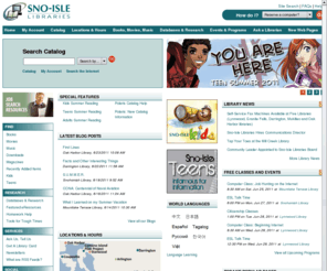 sno-isle.org: Sno-Isle Libraries:Home page
Sno-Isle Home page.  Sno-Isle Libraries serves 671,000 residents in Snohomish and Island counties. Sno-Isle has community libraries in Arlington, Brier, Camano Island, Clinton, Coupeville, Darrington, Edmonds, Freeland, Granite Falls, Lake Stevens, Langley, Lynnwood, Marysville, Mill Creek, Monroe, Mountlake Terrace, Mukilteo, Oak Harbor, Snohomish, Stanwood, and Sultan, as well as bookmobile stops in communities and at senior centers. Services and materials include more than 1.3 million items, reference services, electronic databases and computer equipment, Internet access, outreach programs for the homebound and local daycares, and story times for children.
