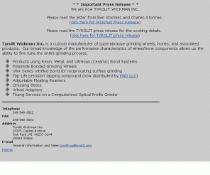 wickmancorp.com: The Wickman Corporation - Home Page
Manufacturer of superabrasive grinding wheels, hones, and associated products