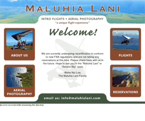 maluhialani.com: Maluhia Lani - Powered Hang Gliding Flights
Maluhia Lani, Ultralight Trike, Powered Hang Gliding, Flight School, Kula, Maui, Hawaii, Aerial Photography