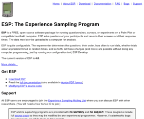 experiencesampling.org: ESP: The Experience Sampling Program
Free, open-source Palm software for experience-sampling research