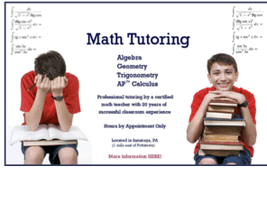 mathtutoringpottstownarea.com: MathTutoringPottstownArea
Professional math tutoring for the Pottstown area, including Algebra, Geometry, Trigonometry, AP (TM) Calculus.