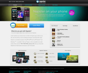 napsterco-op.biz: Napster, stream music, music app for smartphones, top songs, download MP3s
Enjoy Napster's unlimited on-demand streaming on connected computers, compatible TVs, Blu-ray players or other compatible home audio products.  Or, get the Napster app and play music on your iPhone®, iPod Touch®, iPad® and Android .   Listen to tracks in Napster's multi-million-song library and discover new music through personalized recommendation tools. Napster's unrestricted MP3 downloads are playable on any MP3-compatible player, including iPods, iPhones, and music-enabled cell phones. Thousands of top artists plus tons of new music every week.
