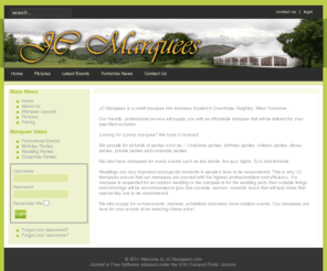 jcmarquees.com: Welcome to JC Marquees
JC Marquees is a marquee hire business located in Oxenhope, Keighley, West Yorkshire. Our friendly, professional service will supply you with an affordable marquee that will be tailored for your specified occasion.