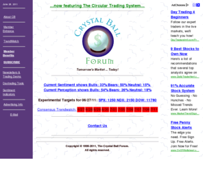 crystalball-forum.com: The Crystal Ball Forum

The Crystal Ball Forum is a community of active daytraders and swing traders
who use a variety of techniques to predict market movements. Technical analysis,
Ewave, fundamental anaylsis, astrology, and counting systems are just some of the examples
of methodology and discussion topics.