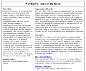 mintsoftheworld.com: World Mints
Mints of the World. A directory of official government and private mints throughout the world, with national banks and distributors also...