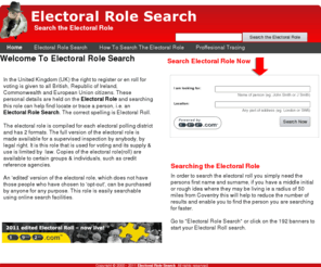 electoralrolesearch.com: Electoral Role Search
Electoral roll search helps you find people or addresses in the UK by searching the Electoral register or role