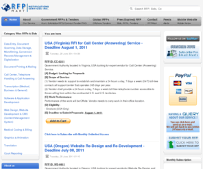 webdevelopmentrfp.com: Document Scanning RFPs, Call Center & Answering Bids, Medical & General Transcription Solicitations, Government RFPs & Bids, USA Govt Solicitations, Contracts, Procurements, Purchasing, Tenders, Projects, RFQs, RFTs - RFPMart - RFP Notification Services, INC.
Request for Proposals, Government RFPs, Government Solicitations, Government Contracts, Government Bids