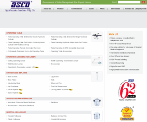 ascomedical.com: Orthopaedic Implants,Orthopaedic Implants Manufacturers,Orthopaedic Implants Exporters,Orthopaedic Implants Supplier,India
Apothecaries Sundries Manufacturing Co. - Suppliers, manufacturers and exporters of orthopaedic implants, orthopaedic equipments, examination lamps, femur interlocking nail, pressure steam sterilizers, hospital holloware, operation lamps, orthopaedic soft goods, rehabilitation aids, orthopaedic instruments, anatomical models, hip prosthesis, total hip replacement equipment, India