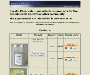 decalinchemicals.com: Decalin Chemicals, LLC
Decalin Chemicals LLC manufactures products for the experimental aircraft aviation community.