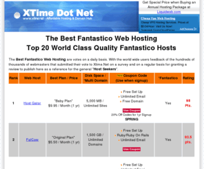 xtime.net: "Best Fantastico Web Hosting Review at Xtime.Net. Get Discount Coupon Code before signup. Best 20 Top Fantastico Web Host"
Web Hosting searches to the right web hosting plan are easy with Free internet hosting information, Xtime.Net