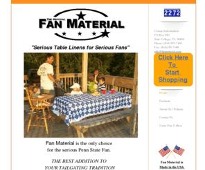 fanmaterial.com: Penn State Tablecloths and Napkins
Penn State Tablecloths,  Penn State Napkins Easy to care for polyester, Washable Penn State tablecloths, Penn State Rally Rags, PSU Rally Rags, PSU tablecloths 100% Polyester