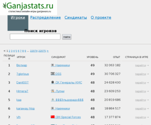 ganjastats.ru: GanjaStats.ru - сервис статистики онлайн-игры GanjaWars.ru
Система статистики, рейтинг игроков и отслеживание данных о развитии игроков российской браузерной онлайн-игры GanjaWars.ru