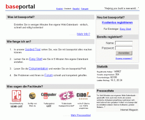 baseportal.de: baseportal - Web-Datenbank für HTML-Seiten - einfach, schnell und kostenlos!
Professionell HTML-Seiten erstellen mit Web-Datenbanken. Einfach, schnell, kostenlos!