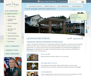 lighthousepointe.net: Chesapeake Virginia Independent Senior Living - Lighthouse Pointe | Holiday Retirement
Holiday offers independent senior living in Chesapeake, VA.  With transportation, chef-prepared meals and housekeeping, you are sure to find comfort.