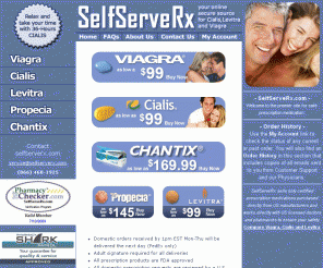 selfserverx.com: Viagra-Cialis-Levitra | selfserverx.com - The future of online medicine.
Erectile dysfunction (ed) and impotence are significant mens health issues.  Sexual health is a major concern among men with ED and many have found that they can experience better sex through the use of medications such as cialis, levitra and viagra.  To order cialis, levitra or viagra online has never been safer or easier.