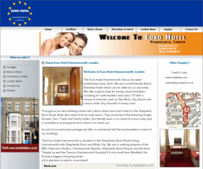 euro-hotel.co.uk: Welcome to Euro Hotel Hammersmith
Cheap deals on the Euro Hotel Hammersmith in London. For both business and pleasure visitors, with secure online reservations,for a special rates and online booking please visit our website.