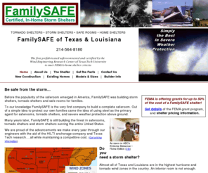 familysafetexas.com: Tornado Shelters, Storm Shelters, Safe Rooms by Family SAFE Shelters of Texas and Louisiana
Certified tornado and storm shelters, family safe rooms for protection during storms and severe weather, protecting families in Texas and Louisiana.