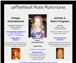 memreez4u.com: Flashback Music Memories
Vintage Entertainment Specializing in Songs from the 1920's through 1950's - also providing weekly activities for assisted living board & care homes in Orange County, CA