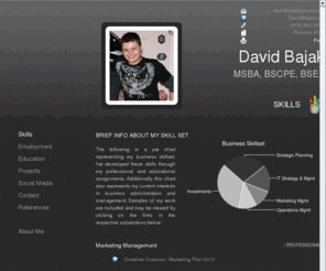 davidbajak.com: David Bajak Professional CV / Online Resume. Business & Engineering. MSBA CPE EE
For employers seeking to hire a highly educated, skillful and experienced professional w/ a background in business (MSBA) & engineering (CPE, EE).