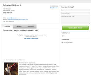 businesslawyerconcordnh.com: Business & Collections Lawyer Serving Concord, Manchester & Nashua, NH - Local Search - LocalEdge.com
William J Schubert is a business lawyer serving Concord, Nashua & Manchester, NH.  Call today to get a consultation!