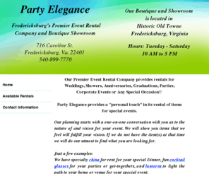 party-elegance.com: PARTY ELEGANCE Fredericksburg, VA Home
Party Elegance provides party, wedding and event essentials specializing in rentals of tables, linens, glassware and special lighting.