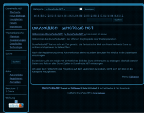 dunepedia.net: DunePedia.NET
Die Dunepedia ist ein selbstwachsender allgemeiner Wissenspeicher rund um das DuneUniversum
