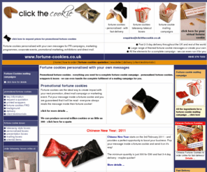 clickthecookie.org: fortune cookies for promotional activity and personalised fortune cookies
Fortune cookies personalised for promotional campaigns from UK fortune cookie company