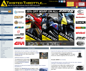 twistedthrottle.mobi: TwistedThrottle.com
Twisted Throttle LLC. - Sport and Adventure Touring Equipment - North American importer and distributor for SW-Motech, MRA Windscreens, Bags-Connection Electric Tankbags, Barkbusters Hand Guards, Kaoko Throttle Locks, Denali LED headlights, Micatech luggage, Techmounts, dealer for GIVI USA, Gerbing Heated Clothing, and more! We offer the best selection of motorcycle hard luggage, windscreens, centerstands, and crashbars for metric bikes on the Internet!