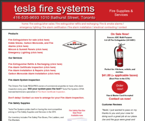 teslacompany.com: A Tesla Fire Systems Home
Tesla Fire Systems Toronto Amerex Fire extinguisher sales & service. Extinguisher refills recharge in Toronto. Low prices, fast service. Kidde, Firex smoke and fire alarms inspections & certificates. Repairs & rewiring. Carbon Monoxide alarms wired, ESA inspections.