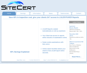 sitecert.net: SiteCert - Save 40% in inspection cost, give your clients 24/7 access to LOLER/PUWER Reports
crane inspection, LOLER, LOLER inspection, PUWER, PUWER inspection, LEEA, BAUMA, Machinery Testing, Machinery Inspection, Mobile Inspection